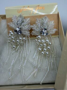 Audrey Jones Beaded Pearl Fringe Crystal Clip Earrings VTG